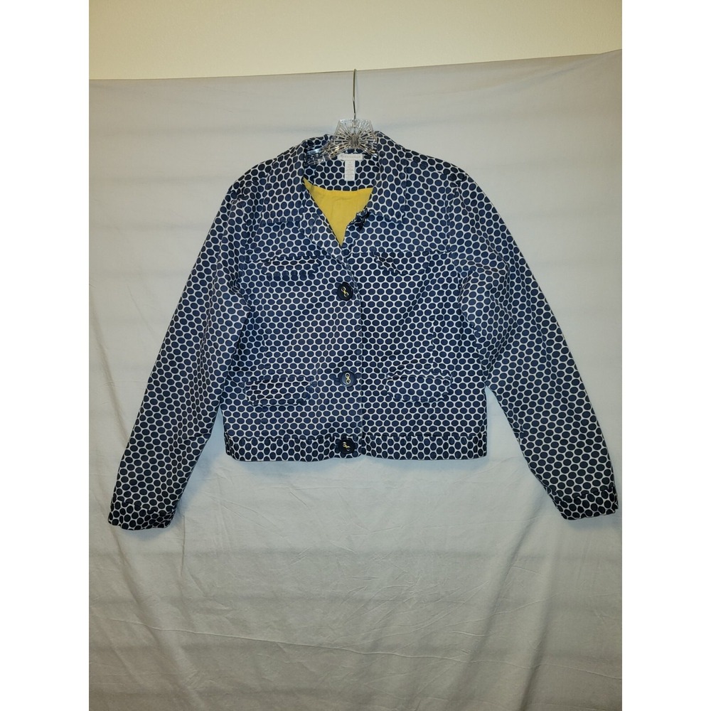 Charter Club Large Jacket Crop Off White Gray Polka Dot Denim Pockets Buttons